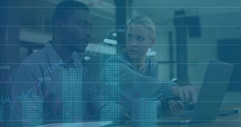 Team Analyzing Business Data with Digital Graph Overlay