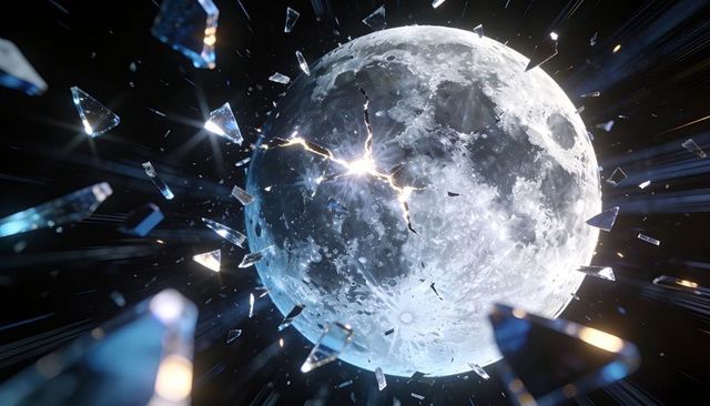 Shattering Lunar Sphere Cracking with Molten Fissure and Flying Glass Shards in Space