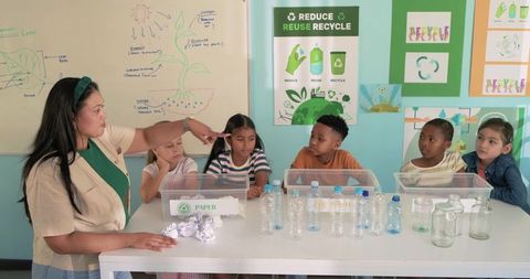 Teacher leading hands-on recycling lesson with diverse young students at classroom table