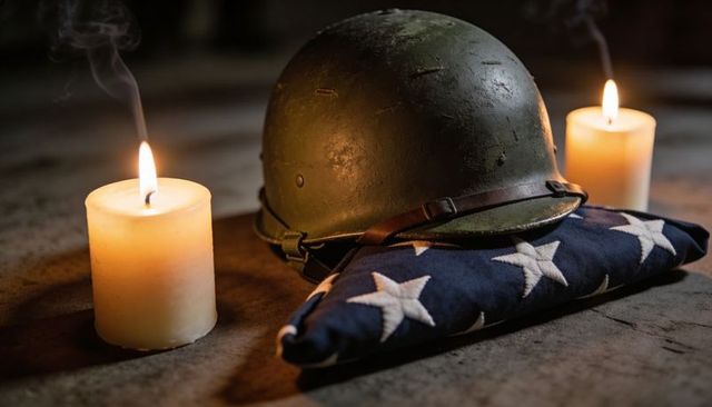 Aged army helmet resting on folded american flag with candlelight memorial tribute