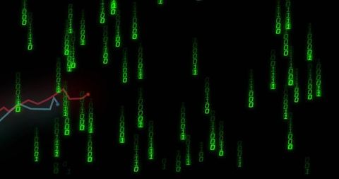 Streaming Neon Binary Rain with Red and Blue Line Graph Conveying Data Flow and Analytics