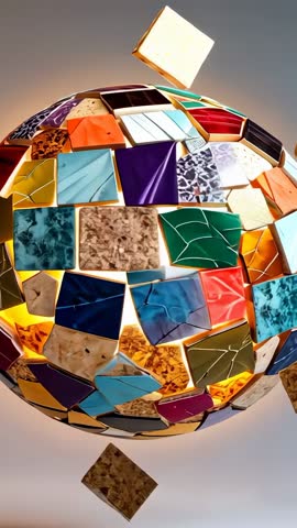 Activating Illuminated Mosaic Sphere Rotating While Colorful Ceramic Shards Detaching