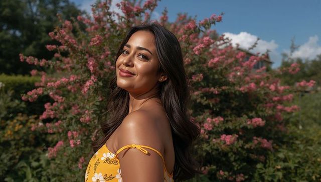 Smiling woman turning over shoulder in yellow floral dress in sunlit garden