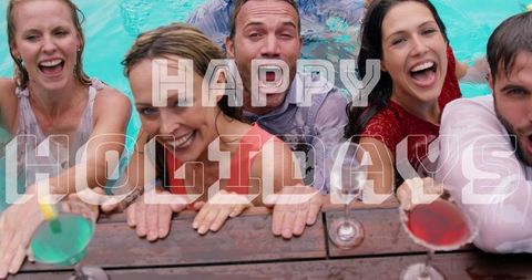 Joyful Friends in Pool Celebrating with Festive Cocktails