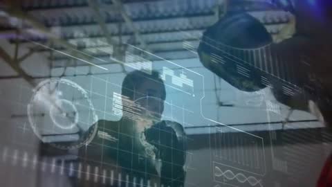 Women Sparring in High-Tech Boxing Gym with HUD Interface