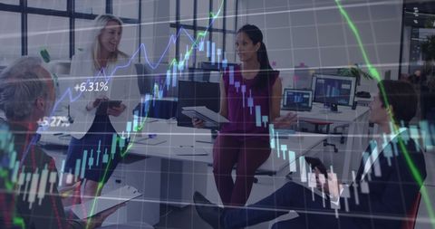 Financial technology team discussing projects in modern office