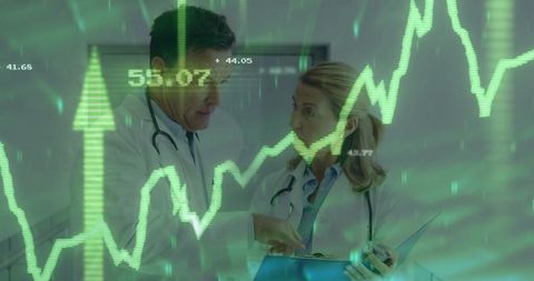 Doctors Analyzing Healthcare Data with Trend Arrow Overlay