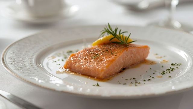 Glazed Salmon Fillet with Lemon and Rosemary on Elegant White Plate