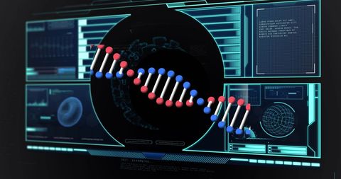 Futuristic dna strand with digital interface for data processing