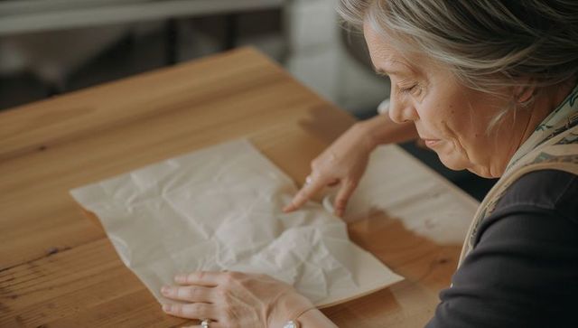 Senior woman smoothing crumpled paper on wooden table, thoughtful domestic moment