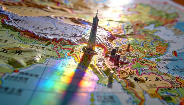 Miniature skyscraper rising on chinese map with prism light and topographic relief
