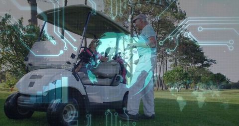 Couple enjoying golf day with future technology overlay