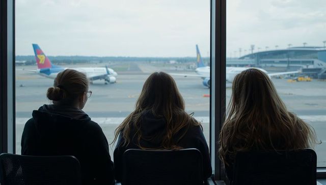 Three women watching planes through airport gate window during overcast layover