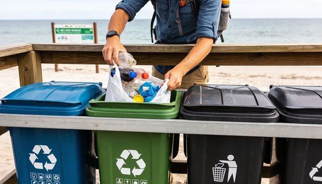 Placing Recyclable Plastic Bottles into Green Bin at Beach for Coastal Cleanup Action