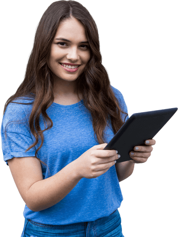 Smiling young woman holding tablet on transparent background