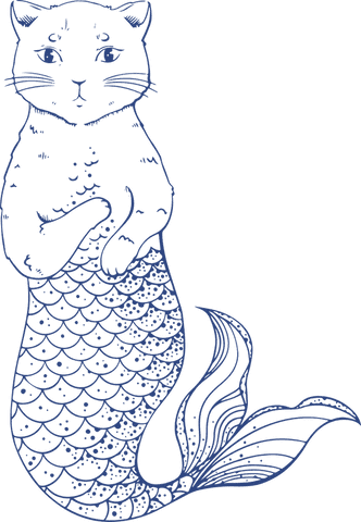 Fantasy cat-mermaid hybrid in blue line art with transparent background