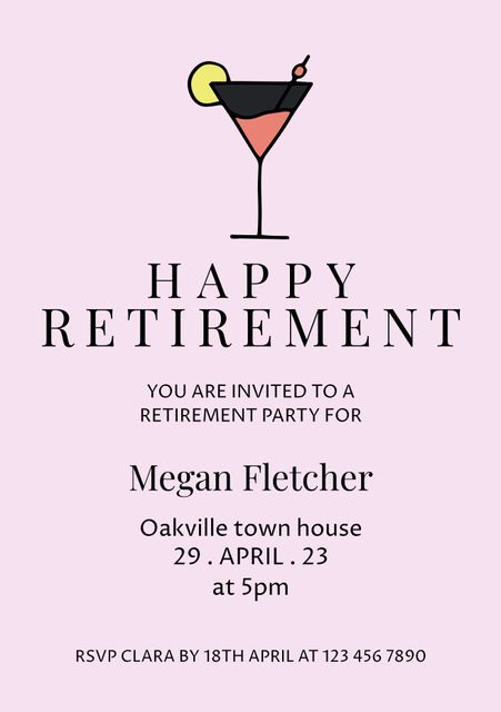 This elegant retirement party invitation features a stylish martini glass, symbolizing a toast to the retiree. Ideal for personal invitations, community announcements, or private events. Use it to set a sophisticated tone for retirement celebrations and gatherings.