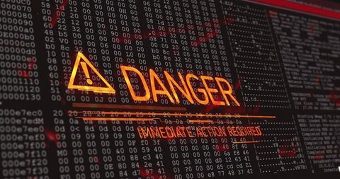 Danger warning overlay on hacking terminal with hex dump signaling urgent cybersecurity breach