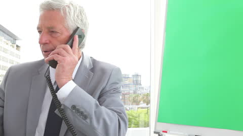 Mature Businessman Discussing Call in Modern Office Setting