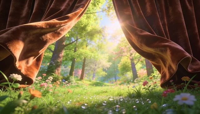 Velvet curtains parting to sunlit forest glade with dewy meadow and wildflowers