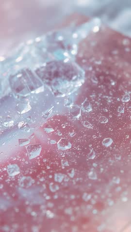 Vertical macro video of melting ice cubes on pink surface with luminous droplets