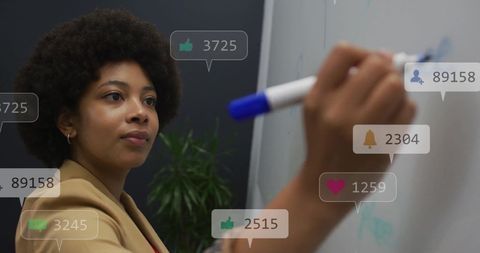 Engaged businesswoman writing innovation strategies in modern office