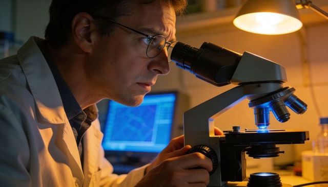 Focused Scientist Examining Microscope Slide and Adjusting Focus Knob in Research Lab