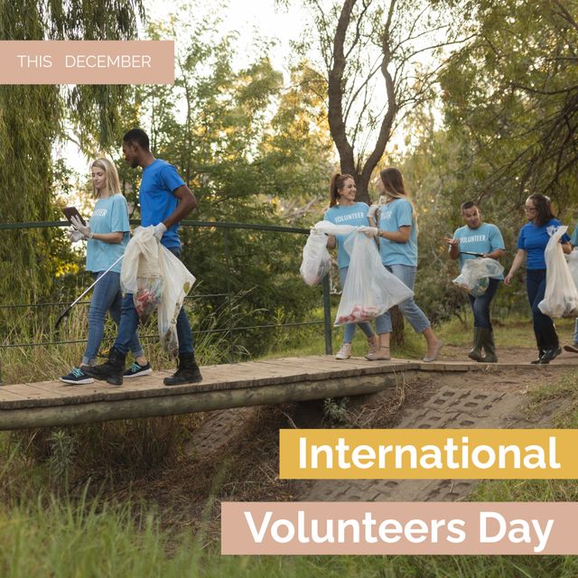 This december, international volunteers day over diverse volunteers collecting plastics in forest. Composite, teamwork, recognize, promote, support, sustainable development and celebration concept.