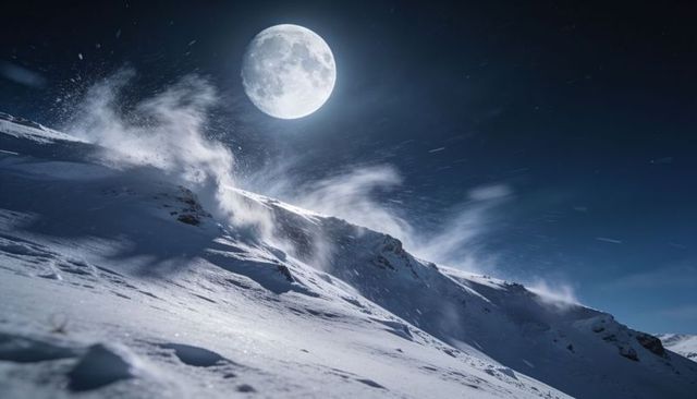 Full moon lighting windblown snow on alpine ridge at night with starry sky