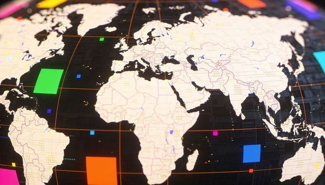 Futuristic digital globe displaying world map with neon data markers and grid for analytics