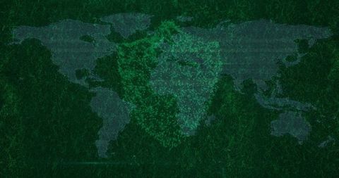 Glowing heart data cluster pulsing over world map green cyber network visualization background