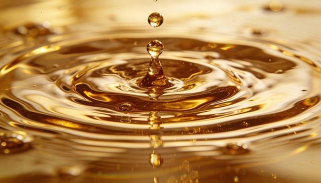 Golden liquid droplet creating central splash column and concentric ripples in macro studio