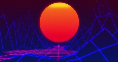 Retro Futuristic Digital Landscape with Glowing Sun
