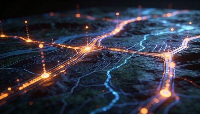 Glowing smart city transit network mapping showing nodes, routes and terrain elevation