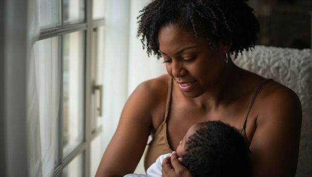Mother cradling newborn beside sheer window light, tender bonding nurturing moment at home