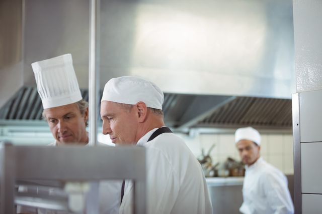 Chefs preparing food in the commercial kitchen at restaurant