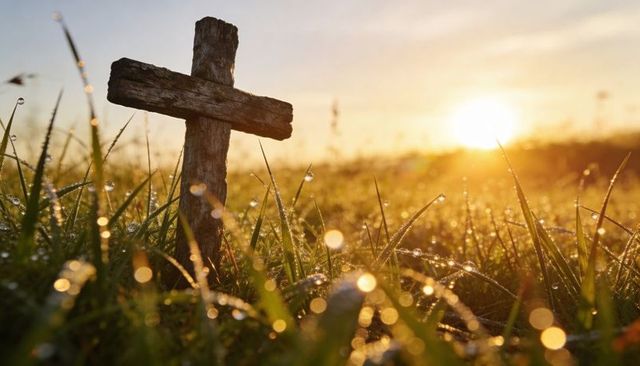 Weathered wooden cross catching golden sunrise light over dewy meadow