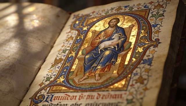 Medieval illuminated gospel showing christ pantocrator with lamb and gold leaf ornamentation