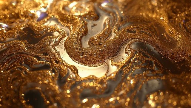 Golden liquid glitter swirl macro abstract shimmering metallic waves and droplets