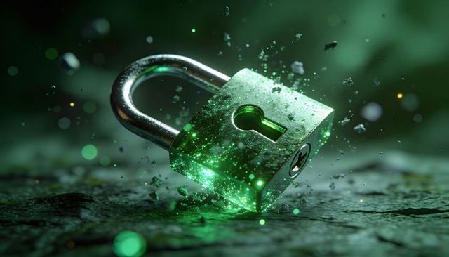 Futuristic Green Glowing Padlock Floating with Neon Particles and Metallic Shackle