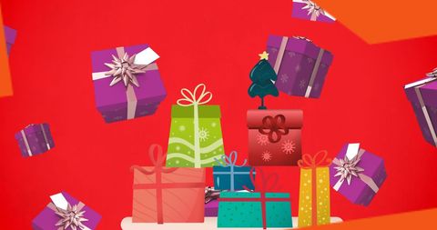 Holiday Gift Boxes Falling Against Festive Red Background