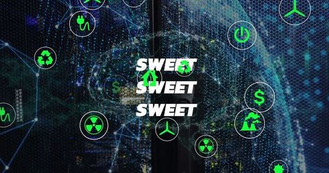 Digital mesh with green energy and sustainability icons