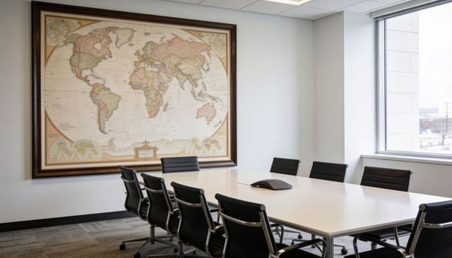 Minimalist modern boardroom featuring white conference table, black leather chairs, world map
