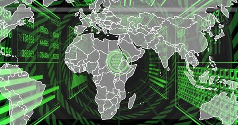 Cyber Data Tunnel World Map Highlighting Africa Target Rings Neon Green Network Analytics