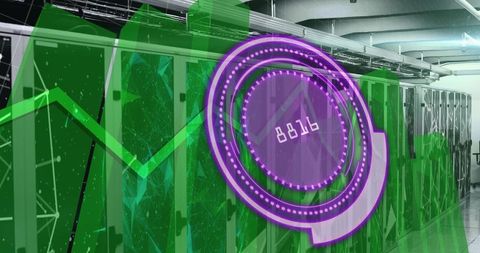 Data processing center with futuristic digital interface overlay