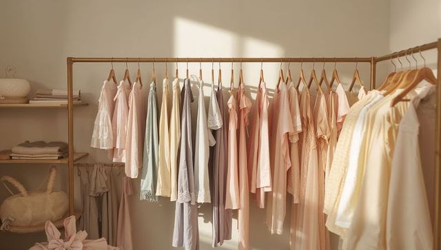 Sunlit pastel boutique clothing rack featuring soft dresses and blouses on wooden hangers