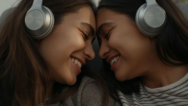 Sharing headphones and laughing together: closeup of two women bonding over music, intimate