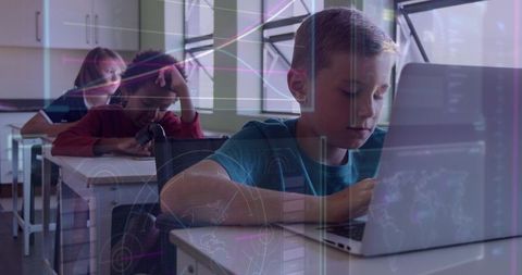 Elementary Student Using Laptop with Augmented Reality Education Graphics Overlay