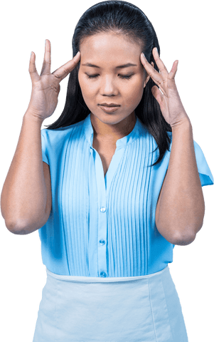Stressed businesswoman holding head feeling overwhelmed transparent background