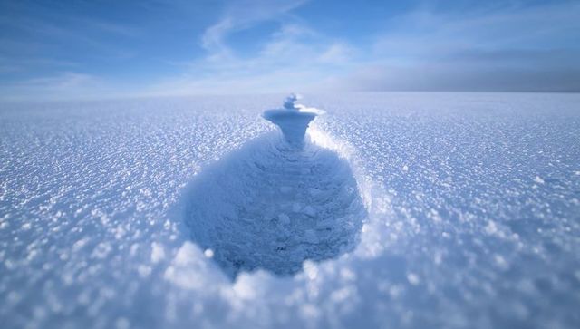 Frozen trail of circular snow depressions leading to sculpted mound on arctic plain